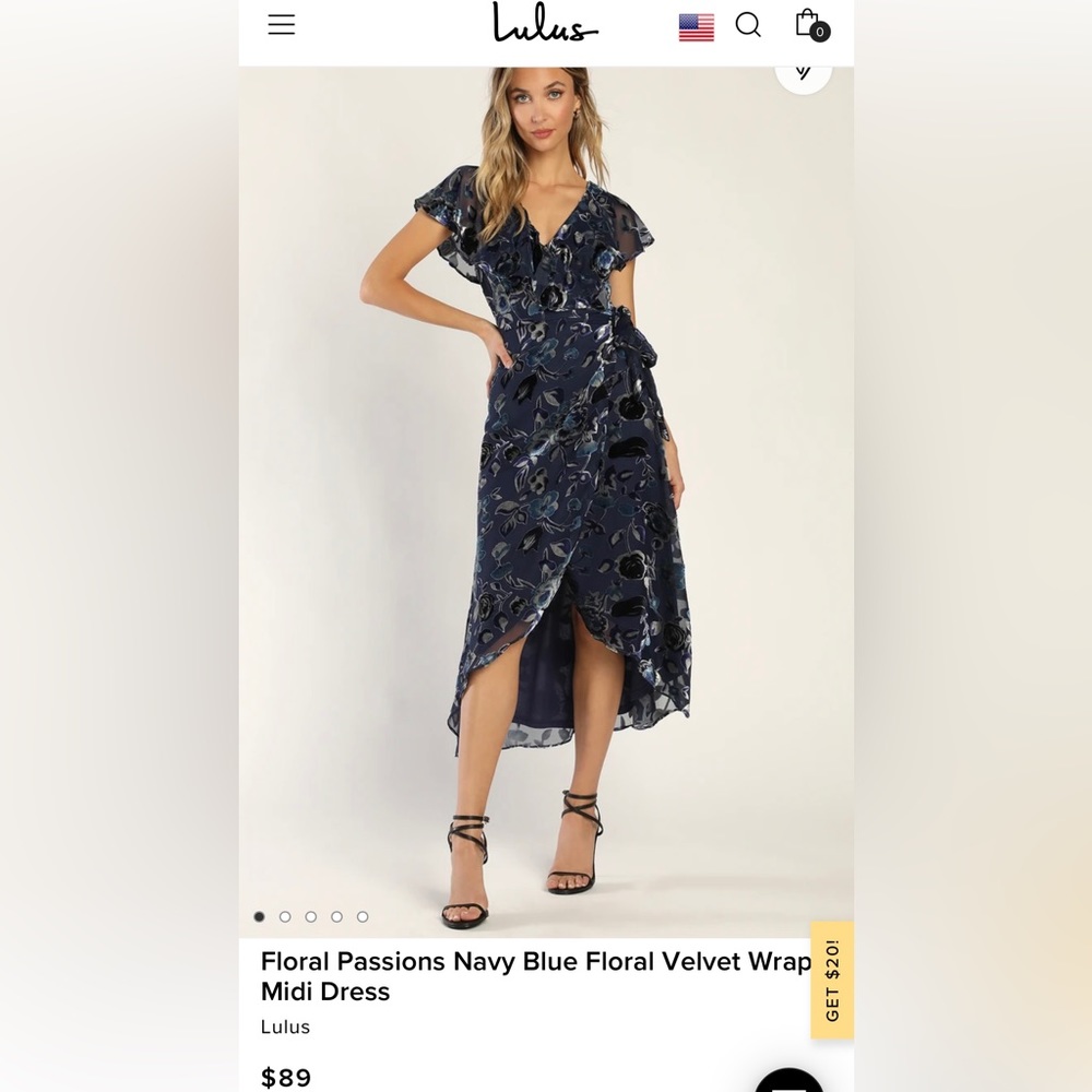 Lulus Floral Passions Navy Blue Floral Velvet Wrap Midi Dress (Small NWT)